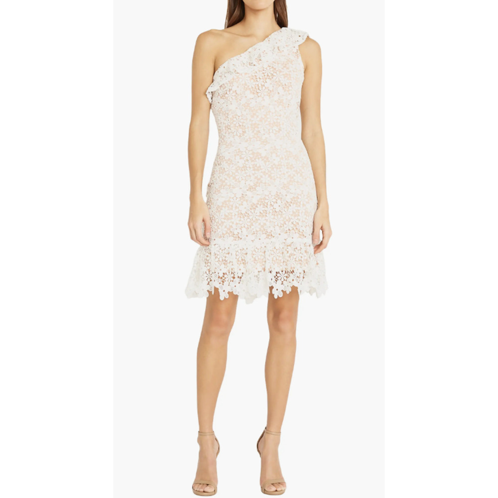 Donna Morgan White Floral Crochet Tan Lined One Shoulder Ruffle Mini Dress Sz 10